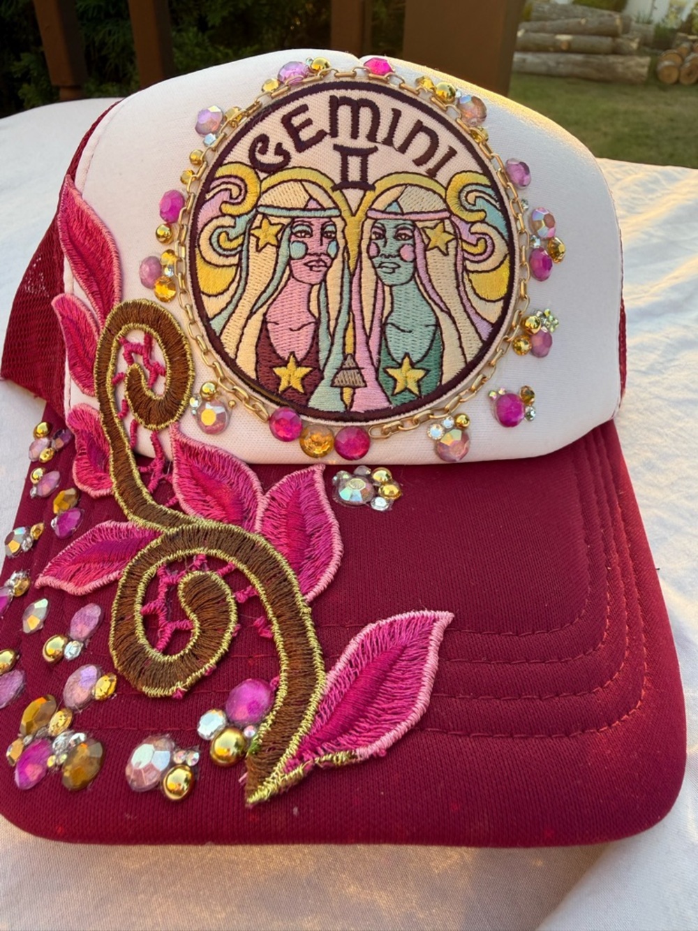 Embellished custom Gemini Trucker Hat - Burgundy & White